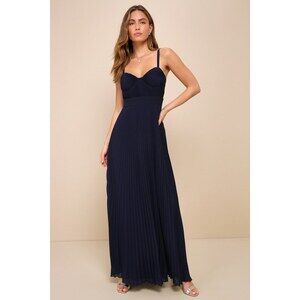 Lulus Certainly Lovely Navy Blue Pleated Bustier Maxi Dress - Size L